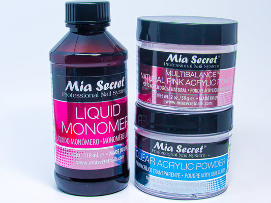 Mia Secret 4 oz Liquid Monomer + Acrylic Powder 2 oz Clear & Multibalance Natural Pink